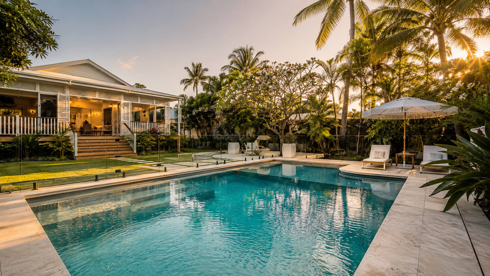 Completed concrete swimming pool and landscaped backyard in South-East Queensland